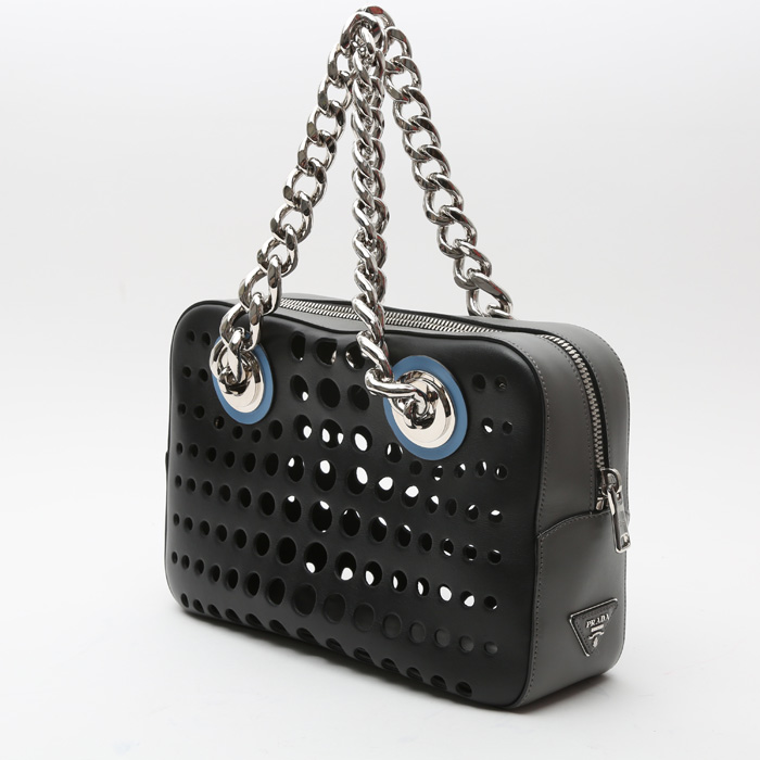 Sac à main Prada  Bauletto en cuir noir et gris - Detail D2