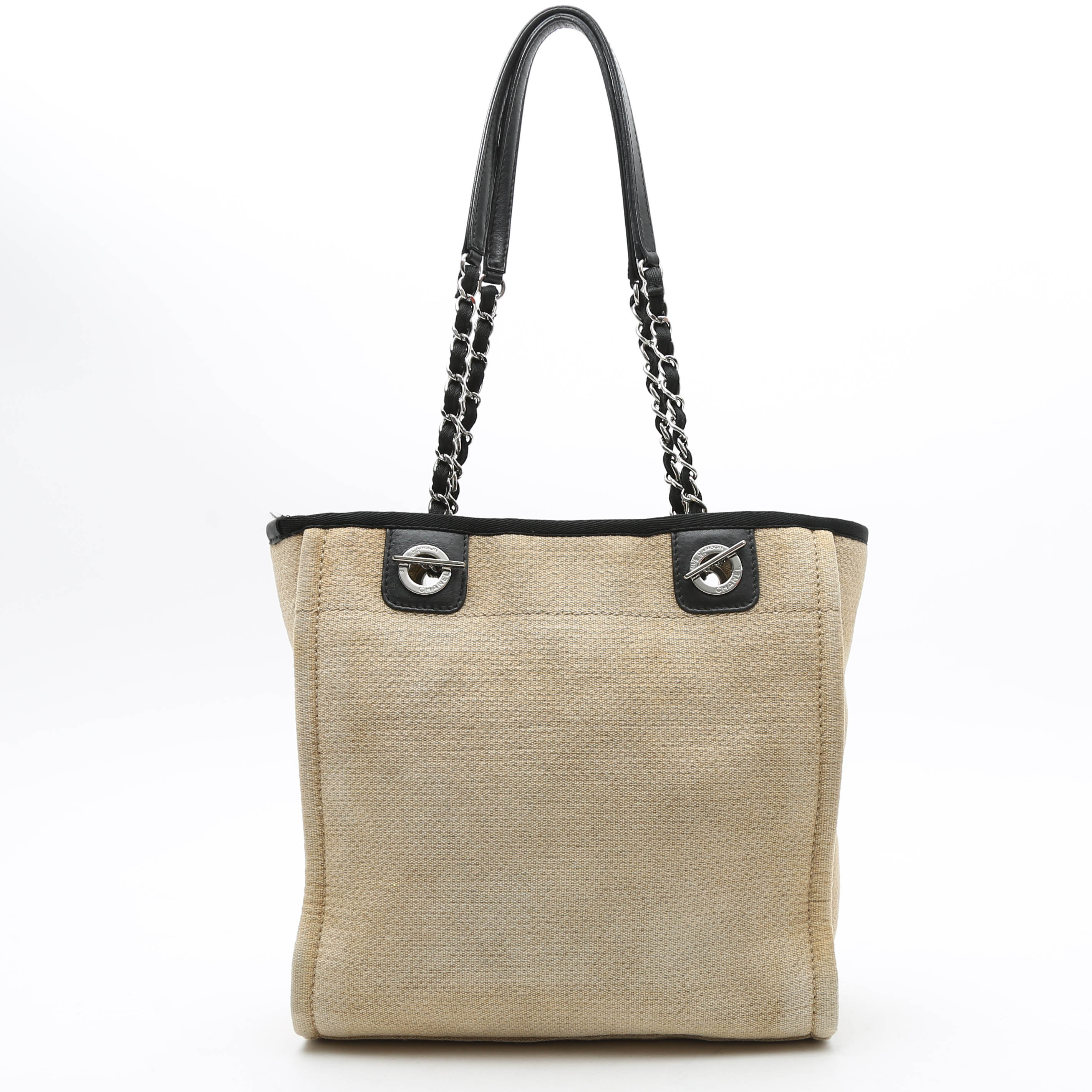 Sac cabas Chanel  Deauville en toile beige et cuir noir - Detail D7