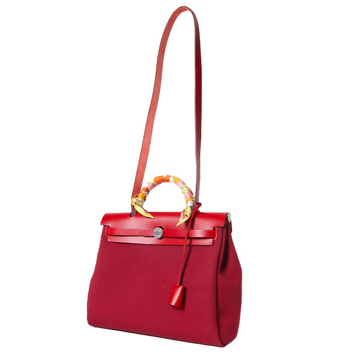 Hermès  Herbag shoulder bag  in red canvas  and red Hunter cowhide - Detail D2