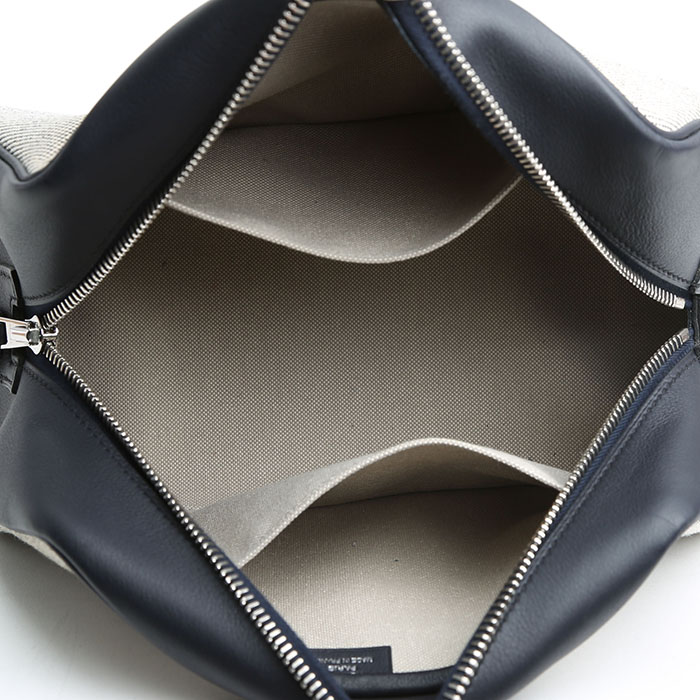 Pochette Hermès  Cavour in tela grigia e pelle Swift blu marino - Detail D2