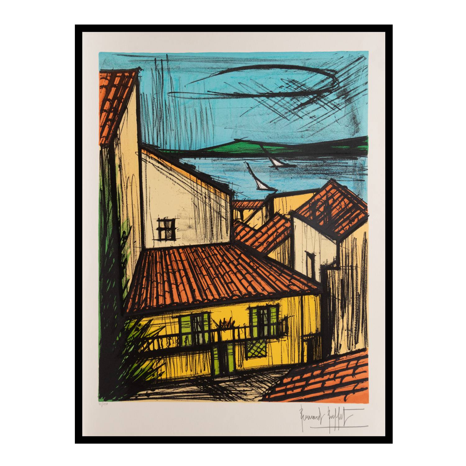 Bernard Buffet (1928-1999), Saint-Tropez, les toits et la baie - 1991, Lithographie en couleurs sur papier - 00pp
