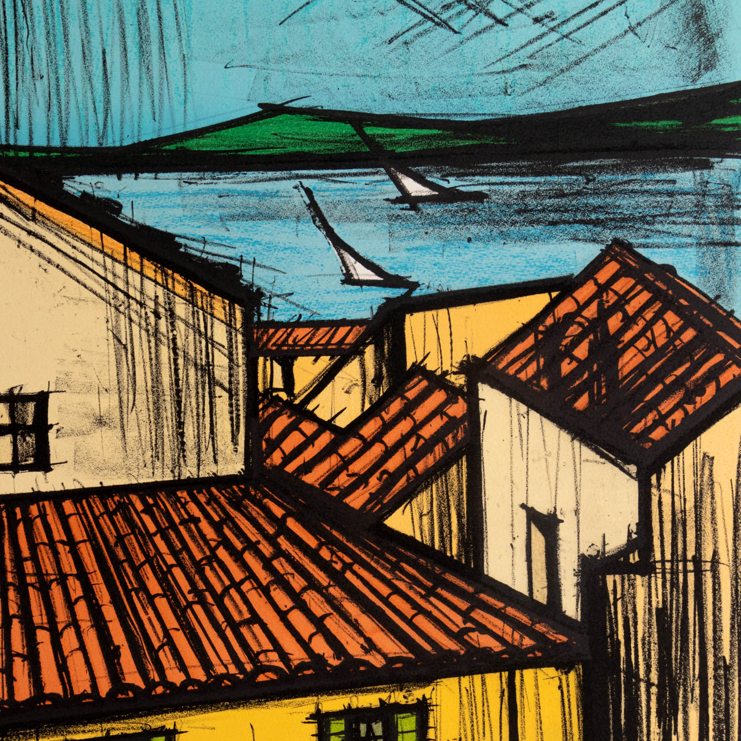 Bernard Buffet (1928-1999), Saint-Tropez, les toits et la baie - 1991, Lithograph in colors on paper - Detail D1