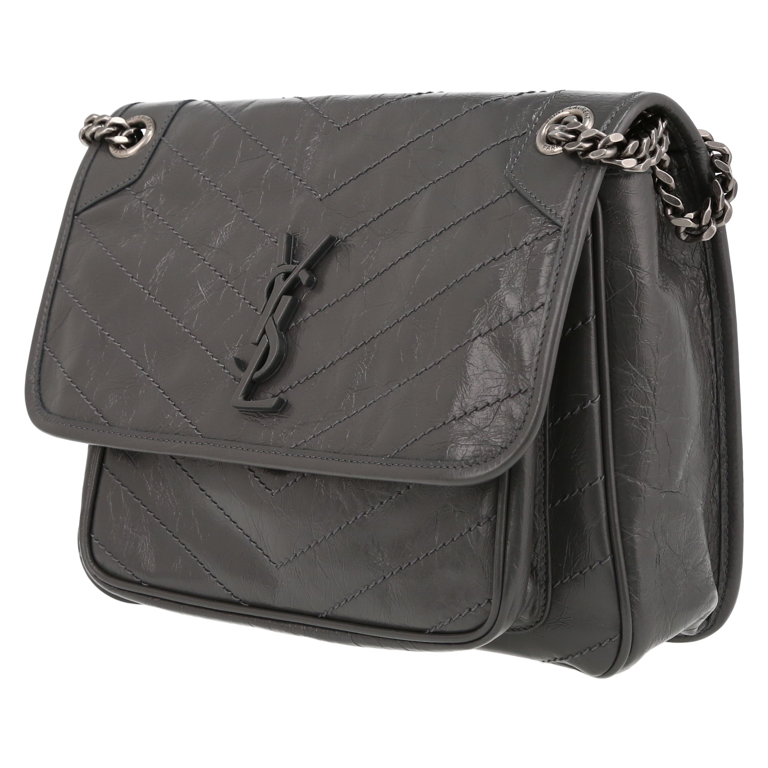 Saint Laurent Niki medium crossbody bag in grey herringbone-quilted leather - Detail D3