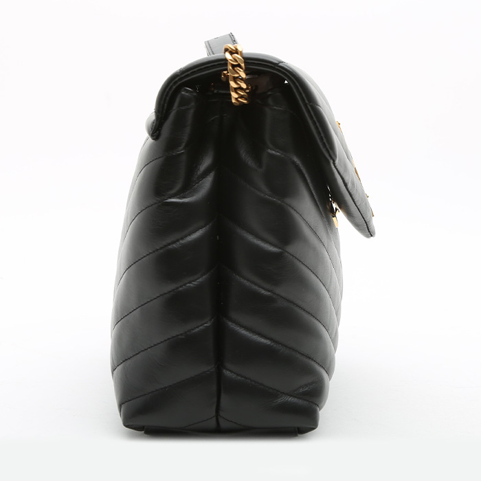 Sac bandoulière Saint Laurent Loulou moyen modèle en cuir matelassé chevrons noir - Detail D5