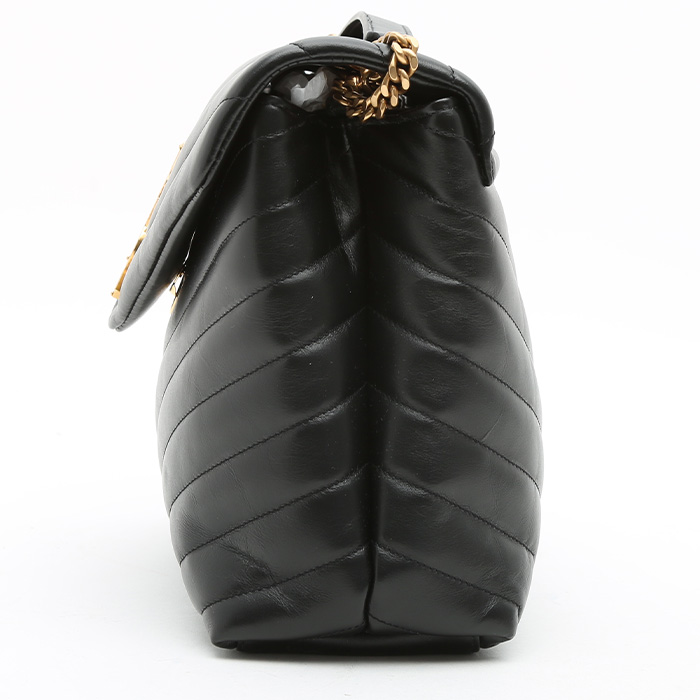 Sac bandoulière Saint Laurent Loulou moyen modèle en cuir matelassé chevrons noir - Detail D6