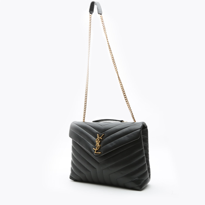 Sac bandoulière Saint Laurent Loulou moyen modèle en cuir matelassé chevrons noir - Detail D8
