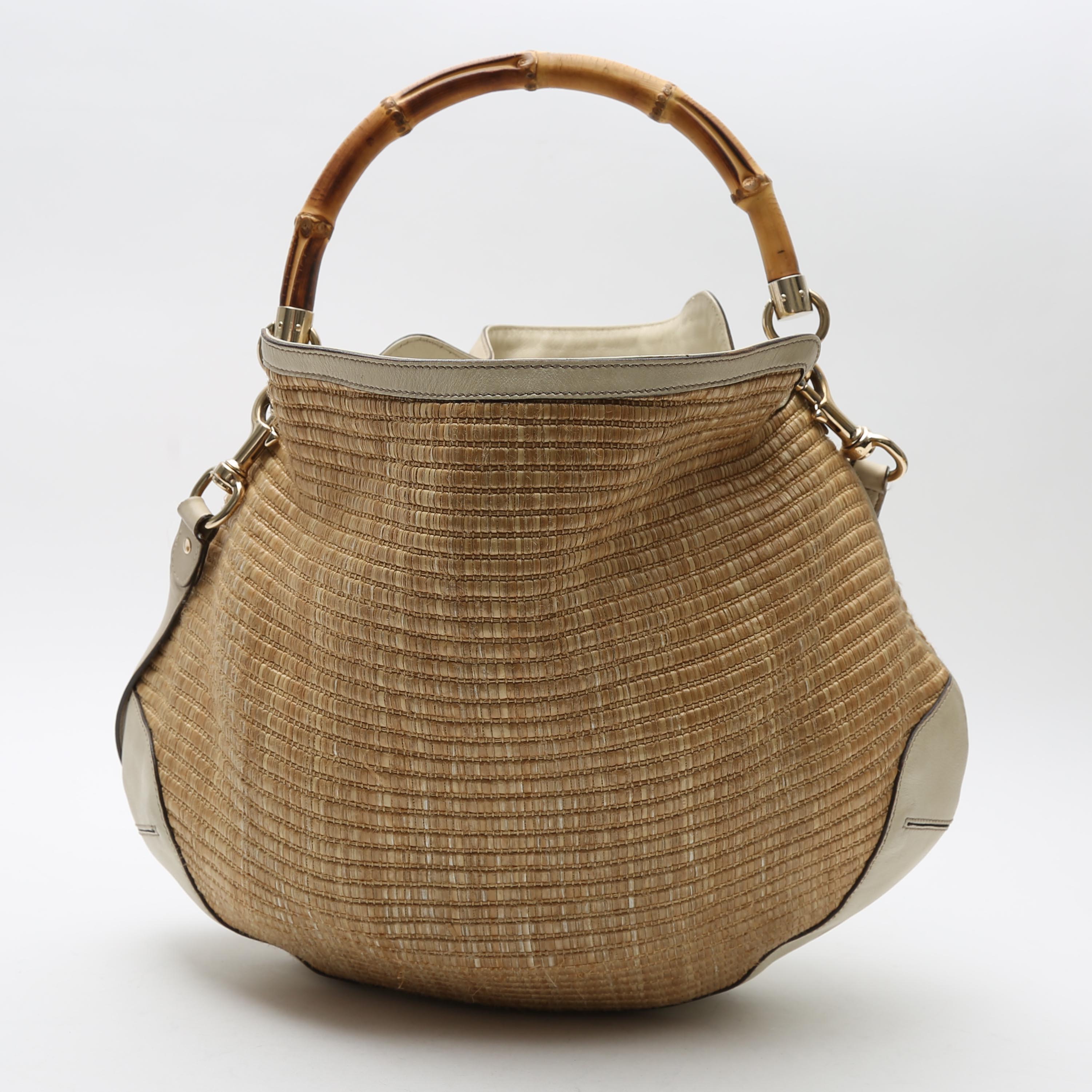 Borsa Gucci  Bamboo in rafia e pelle beige - Detail D7