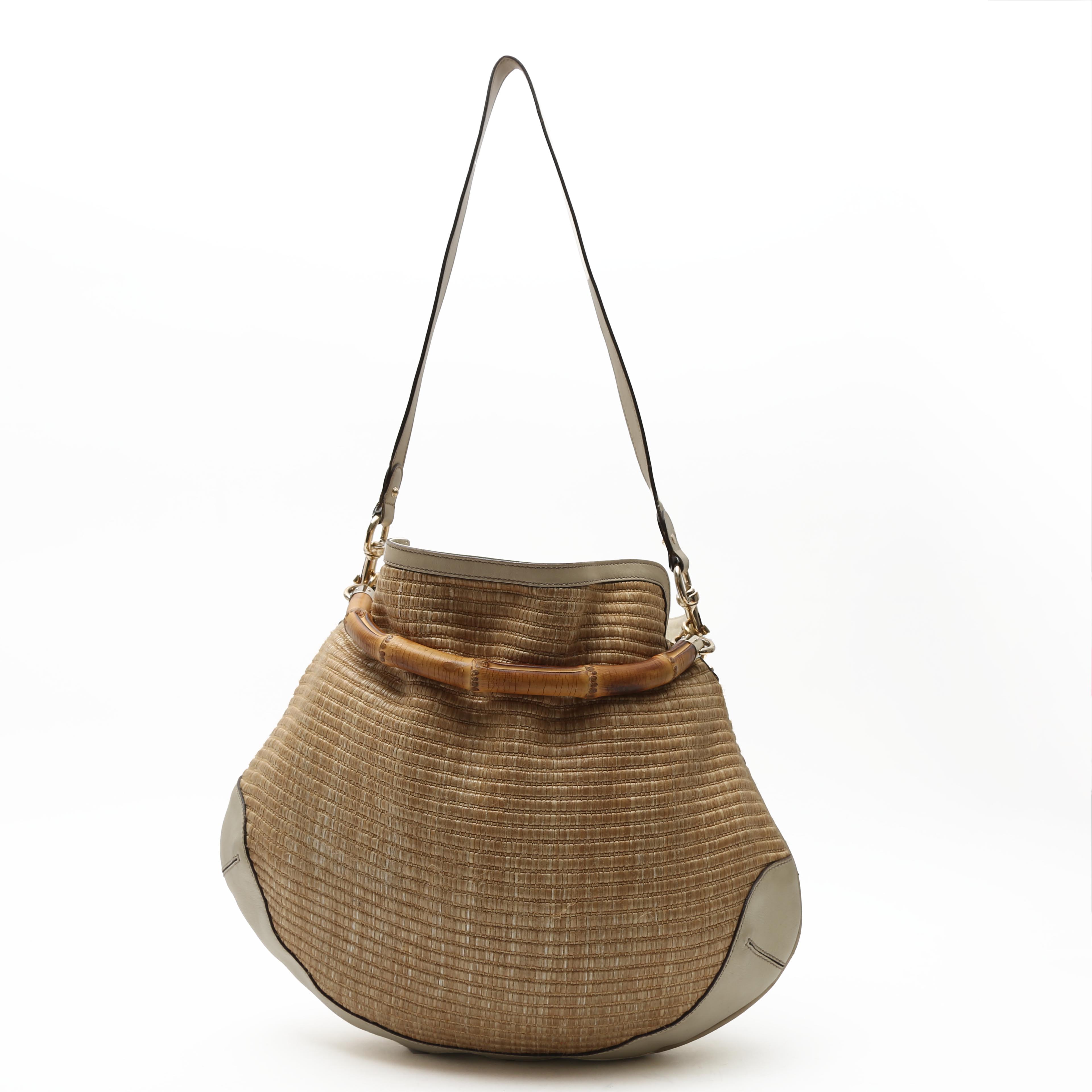 Borsa Gucci  Bamboo in rafia e pelle beige - Detail D8
