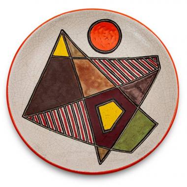 Bruno Gambone, Plat décoratif à décor abstrait, en grès émaillé, signé, des années 1970