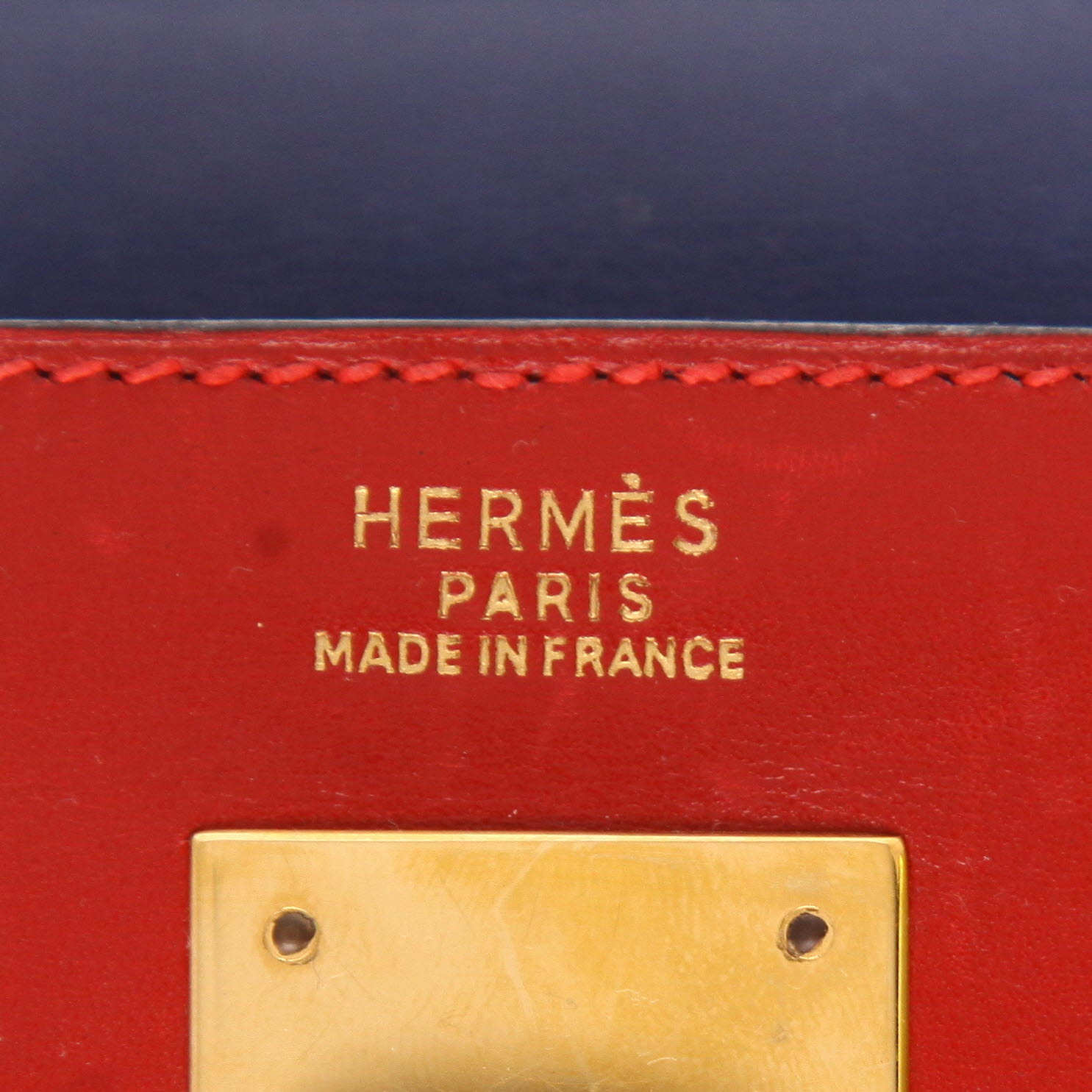 Borsa Hermès  Kelly 32 cm in pelle box tricolore blu Zaffiro Bleu France e rossa - Detail D2