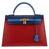 Bolso de mano Hermès  Kelly 32 cm en cuero box tricolor azul Zafiro Bleu France y rojo - Detail D2 thumbnail