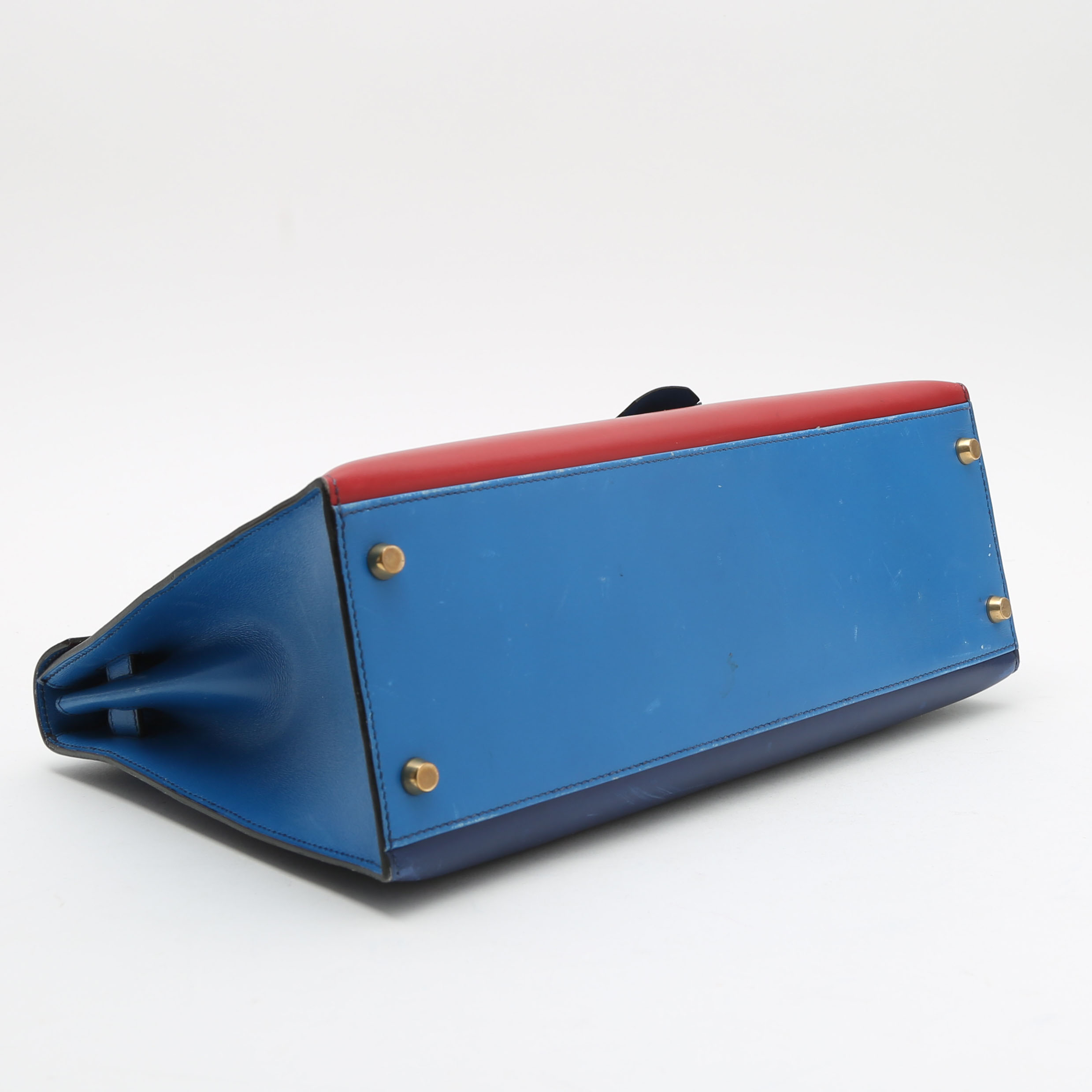 Borsa Hermès  Kelly 32 cm in pelle box tricolore blu Zaffiro Bleu France e rossa - Detail D6