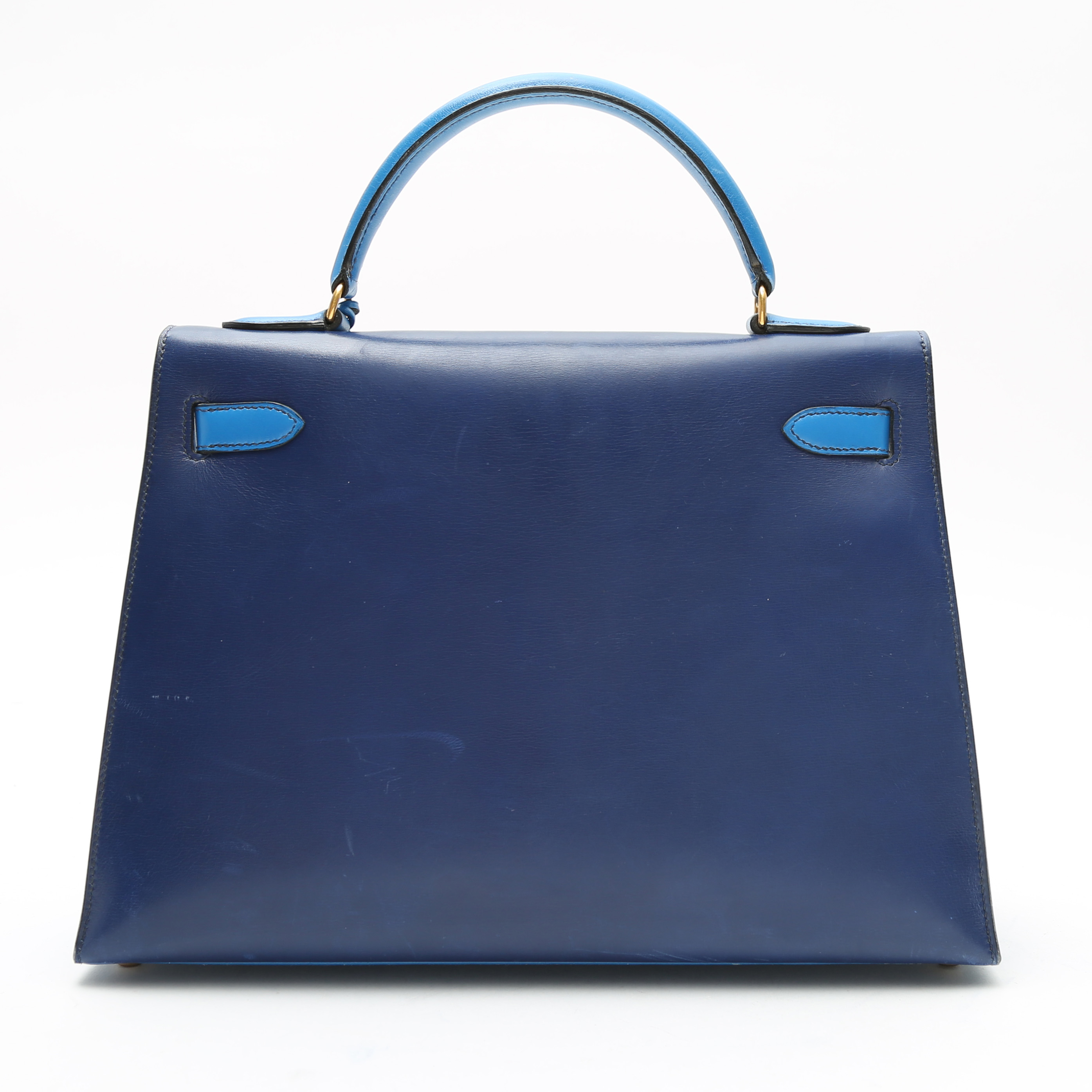 Bolso de mano Hermès  Kelly 32 cm en cuero box tricolor azul Zafiro Bleu France y rojo - Detail D9
