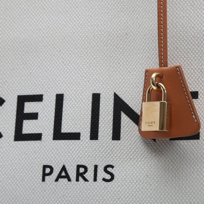 Celine Vertical shopping bag in beige canvas and brown leather - Detail D1