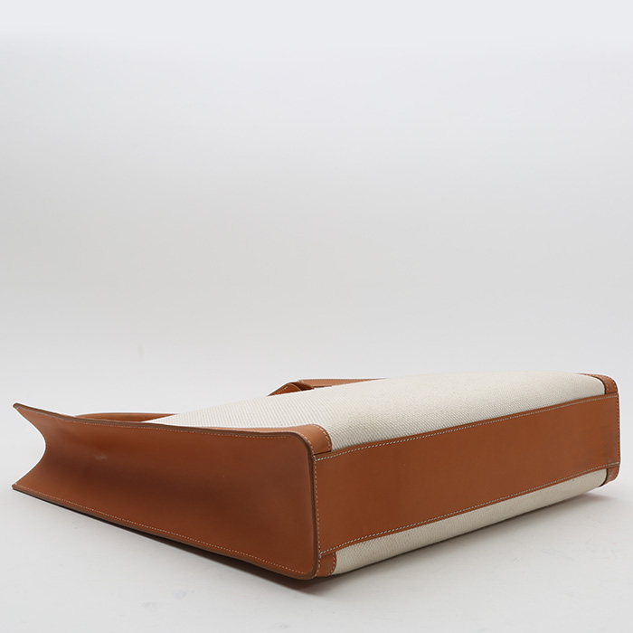 Shopping bag Celine Vertical in tela beige e pelle marrone - Detail D4