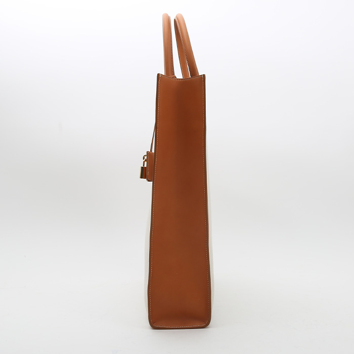 Celine Vertical shopping bag in beige canvas and brown leather - Detail D5