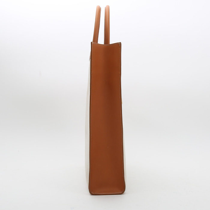 Celine Vertical shopping bag in beige canvas and brown leather - Detail D6