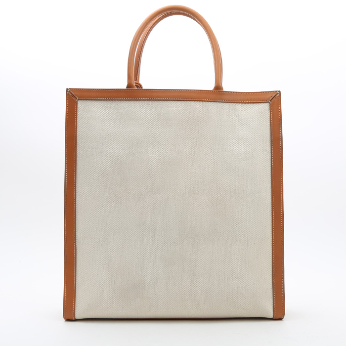 Celine Vertical shopping bag in beige canvas and brown leather - Detail D7