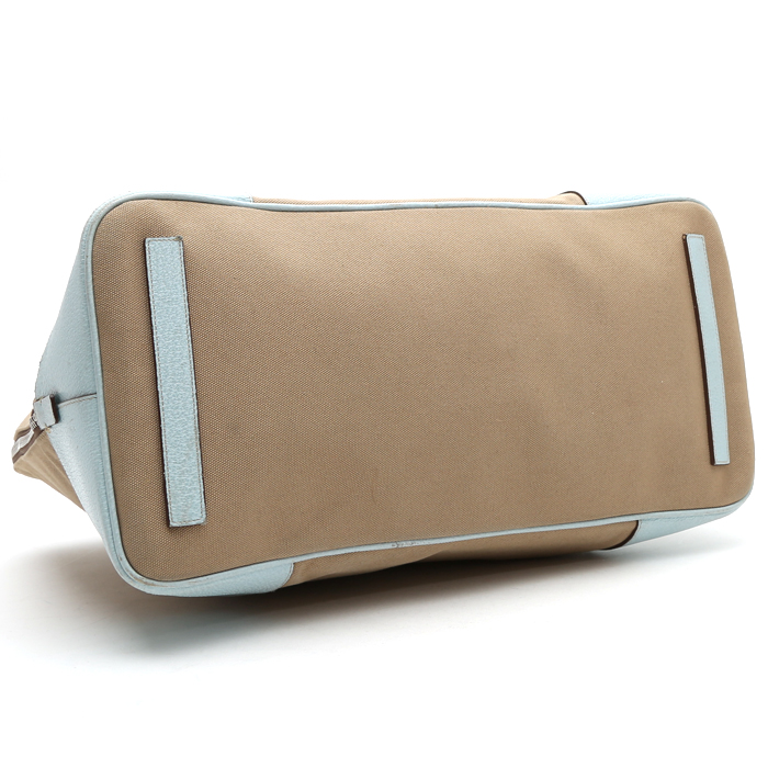 Sac cabas Prada   en toile beige et cuir bleu - Detail D4