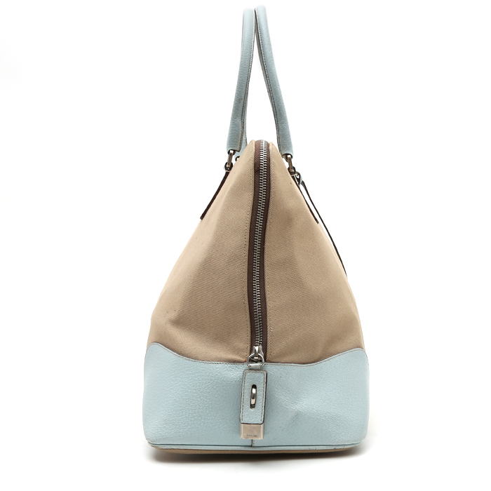 Sac cabas Prada   en toile beige et cuir bleu - Detail D5