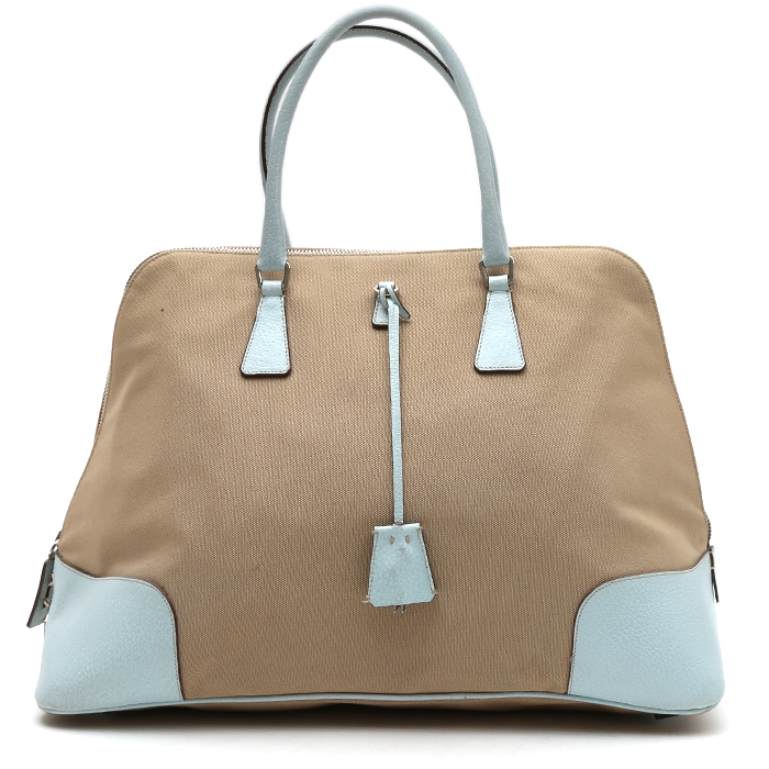 Sac cabas Prada   en toile beige et cuir bleu - Detail D7