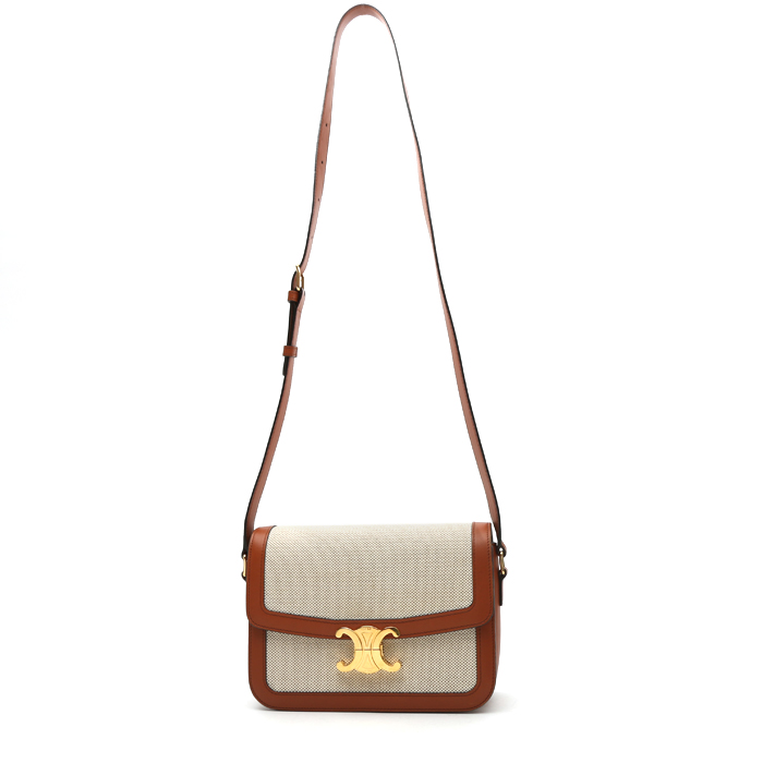 Sac bandoulière Celine  Triomphe en cuir gold et toile beige - Detail D2