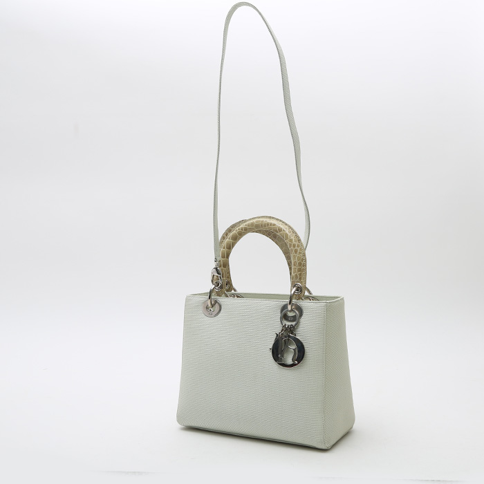 Dior  Lady Dior handbag  in green canvas  and green crocodile - Detail D2