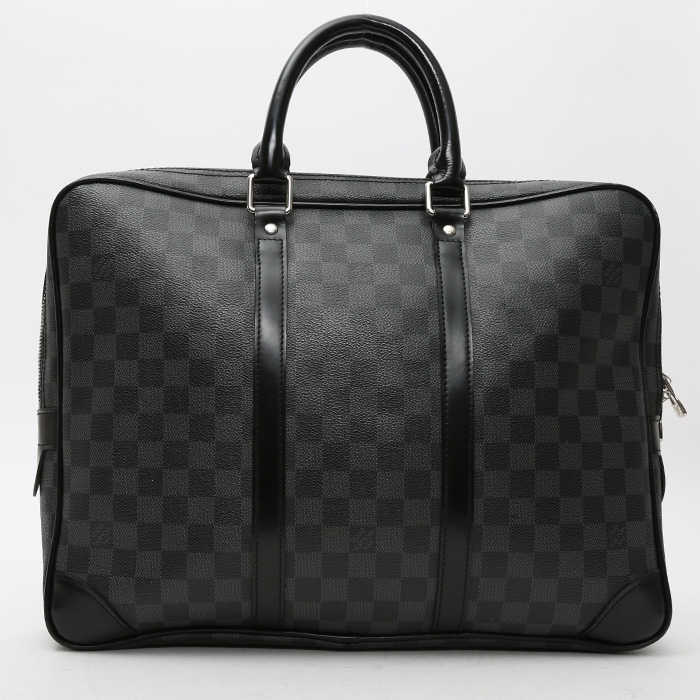 Porte-documents Louis Vuitton  Porte documents Voyage en toile damier graphite grise et cuir noir - Detail D7