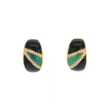 Paire de boucles d'oreilles Vintage  en or jaune, onyx et chrysoprase