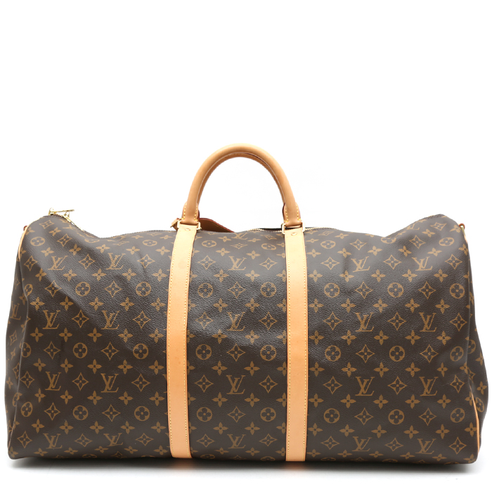 Borsa da viaggio Louis Vuitton  Keepall 60 in tela monogram marrone e pelle naturale - Detail D7