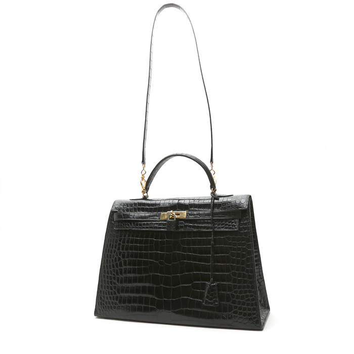 Bolso de mano Hermès  Kelly 35 cm en cocodrilo porosus negro - Detail D2