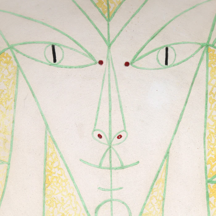 Jean Cocteau, "Tête de chèvre-pied sur jaune" ("Goat’s-foot head on yellow"), ceramic, painted decoration, signed and numbered, edition Atelier Madeline-Jolly with its certificate, of 1961