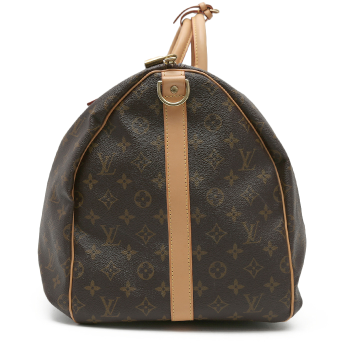 Sac de voyage Louis Vuitton  Keepall 55 en toile monogram marron et cuir naturel - Detail D6