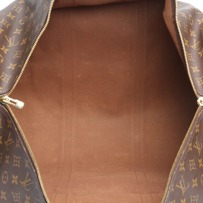 Sac de voyage Louis Vuitton  Keepall 60 en toile monogram marron et cuir naturel - Detail D2