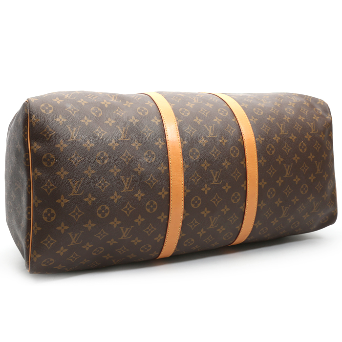 Borsa da viaggio Louis Vuitton  Keepall 60 in tela monogram marrone e pelle naturale - Detail D4