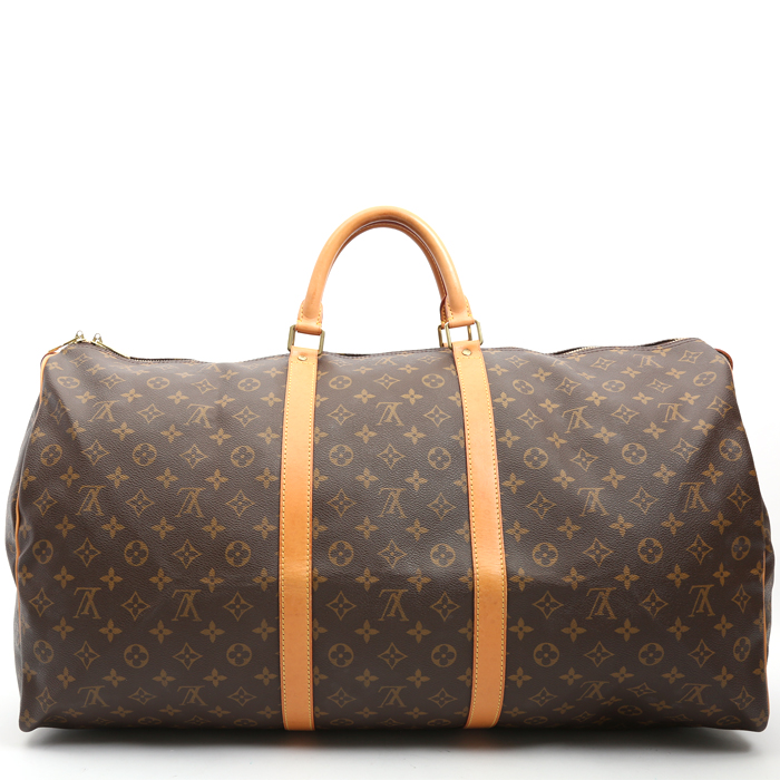 Bolsa de viaje Louis Vuitton  Keepall 60 en lona Monogram marrón y cuero natural - Detail D7