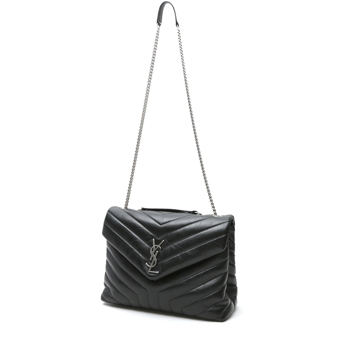 Borsa a tracolla Saint Laurent Loulou modello medio in pelle trapuntata a zigzag nera - Detail D8