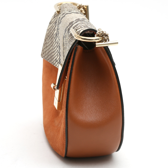 Chloé Drew small model shoulder bag in orange suede and beige python - Detail D6