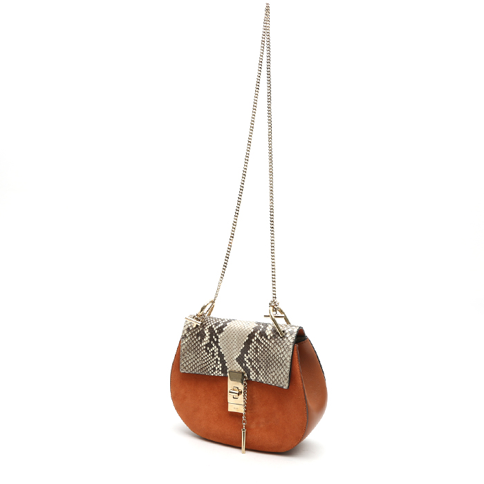 Chloé Drew small model shoulder bag in orange suede and beige python - Detail D8