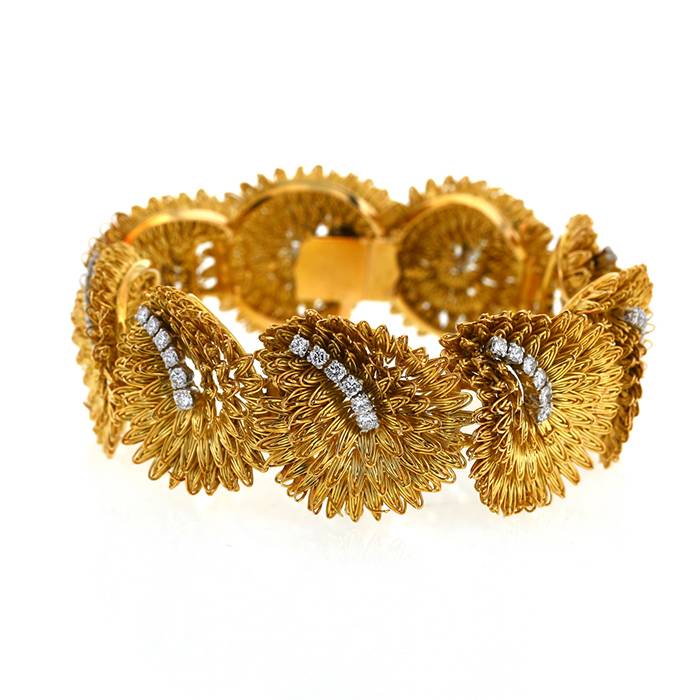 Bracelet Vintage Maille Rectangle En Or Jaune 18K Avec Diamants - Occasion - Fabriqué En France