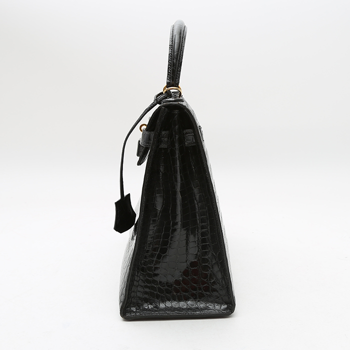 Bolso de mano Hermès  Kelly 32 cm en cocodrilo porosus negro - Detail D5
