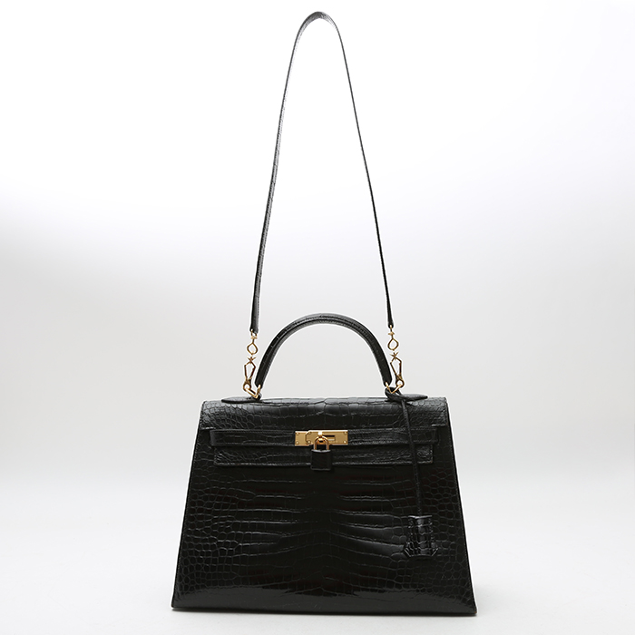 Sac à main Hermès  Kelly 32 cm en crocodile porosus noir - Detail D8