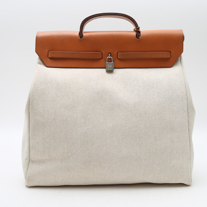 Borsa a tracolla Hermès  Herbag in tela beige e mucca Hunter naturale - Detail D8