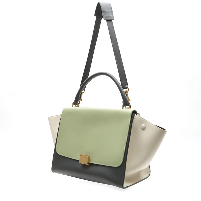 Sac à main Celine  Trapeze moyen modèle  en cuir gris anthracite beige et vert - Detail D8