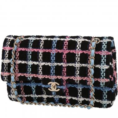 Bolso de mano Chanel   en tweed negro, azul rosa y blanco