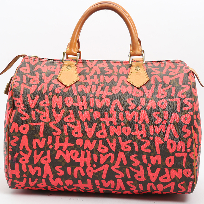 Bolso de mano Louis Vuitton  Speedy Editions Limitées en lona Monogram marrón y rosa y cuero natural - Detail D7