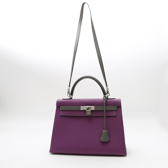 Borsa Hermès  Kelly 32 cm in pelle togo viola Anemone e grigia stagna - Detail D9
