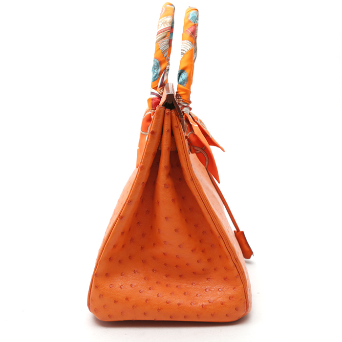 Bolso de mano Hermès  Birkin 35 cm en avestruz naranja - Detail D6