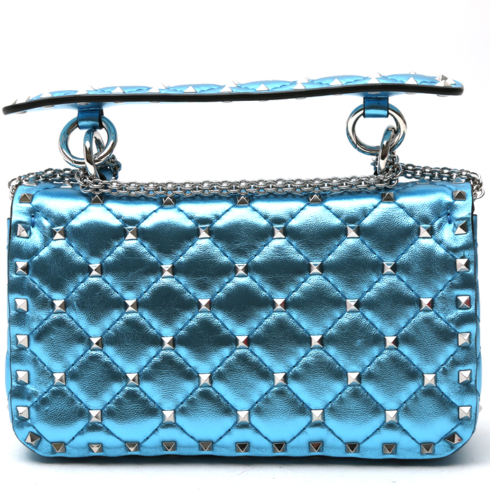 Sac bandoulière Valentino Garavani  Rockstud mini  en cuir matelassé bleu métallisé - Detail D7