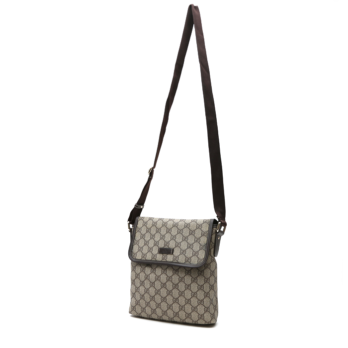 Sac bandoulière Gucci Suprême GG en toile monogram enduite beige et cuir marron - Detail D8